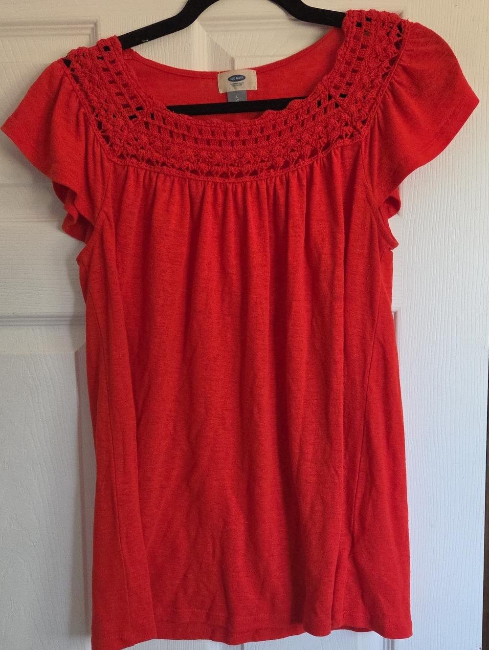 Old Navy Bright Red Crochet Yoke Flutter Sleeve Top
